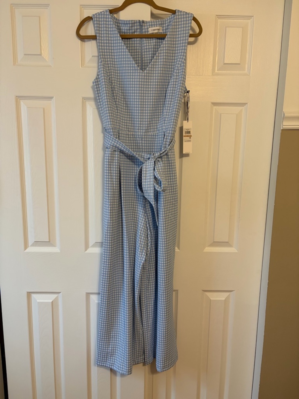 Calvin Klein Light Blue and White Gingham Sleeveless Jumpsuit with Tie Waist 12